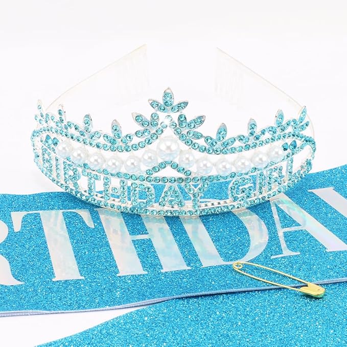 Blue Birthday Girl Crown and Sash, Pearl Birthday tiara, Blue Birthdays Decorations Set, Princess Crown Tiara for Women and Girls
