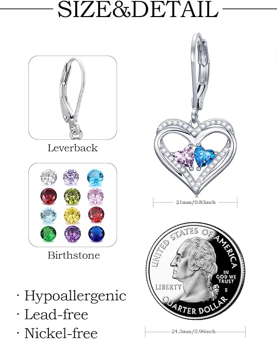 Heart Leverback Earrings Double Birthstone Dangle Earrings for Women, Love Jewelry for Her, Christmas Gifts for Women, Anniversary Birthday Gift for Mom Wife Girlfriend