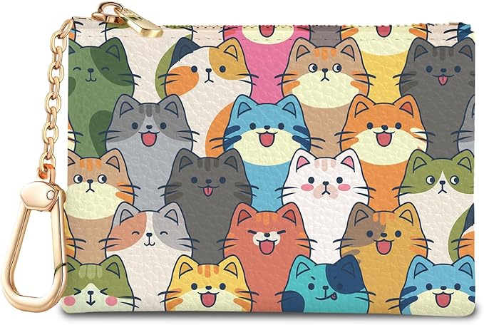 Colorful Cats Keychain Coin Purse for Women, Cute Small PU Leather Change Pouch, Zipper Little Tiny Travel Wallet for Girls, Cute Kawaii Zip Pocket Coin Holder with Key Ring