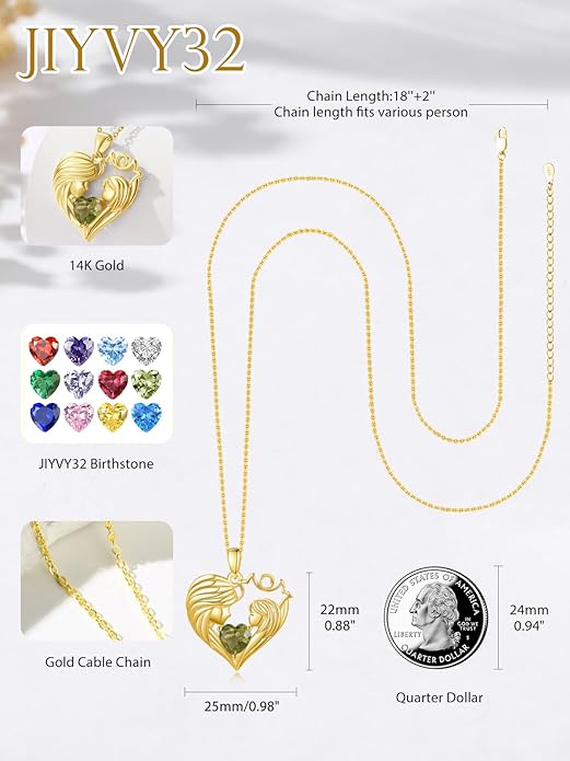 Mother and Daughter/Son Love Heart Necklace White Gold/14K Gold/Rose Gold Birthstone Jewelry Christmas Mothers Day Birthday Gifts For Mom Wife Grandma Women