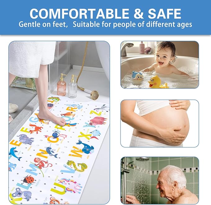 Kids Bath Mat with Ocean Theme Design, 40x16 inches, Non-Slip with 200 Suction Cups, Cartoon Sea Animals Pattern (Letter+Animal, 40 * 16in)