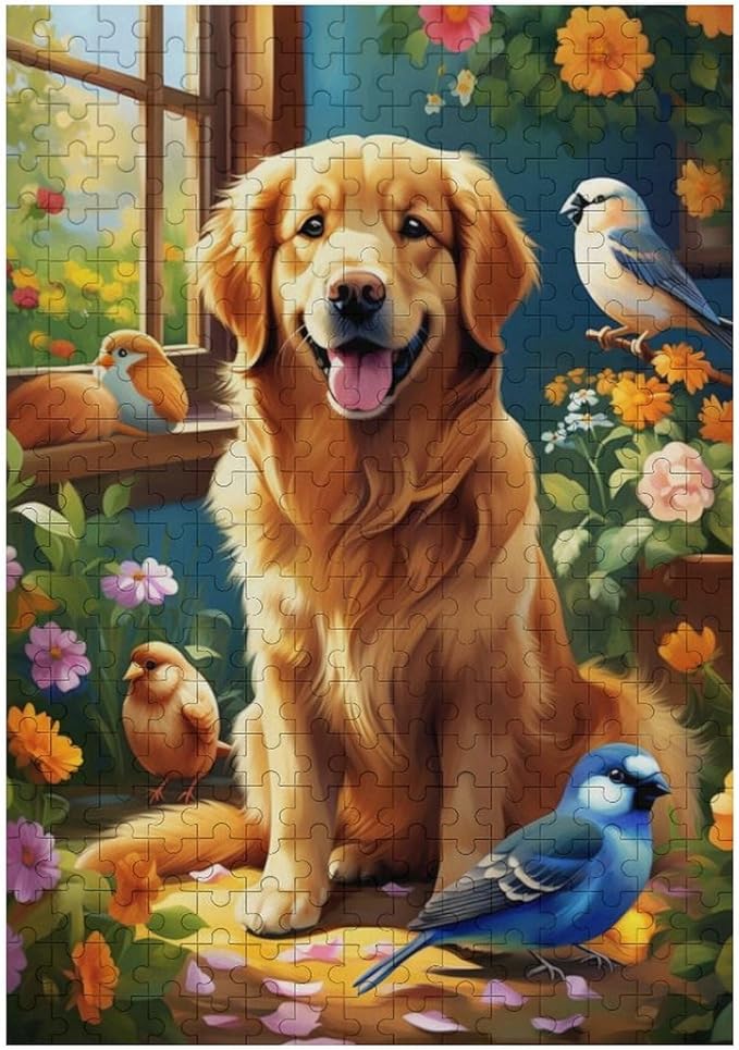 Wooden Puzzle - Garden Golden Retriever Jigsaw Puzzles，Wooden Puzzles for Adults 300 Pieces Challenge Puzzles，Educational Games，Family Puzzles，Unique Gifts for Wall Art