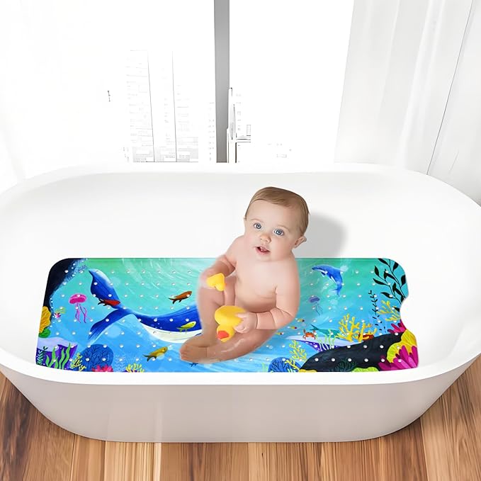 Vanleonet Baby Bath Mat for Tub for Kids, 40''x16'' Extra Long Bathtub Mat Non Slip, Toddler Bath Mat Non-Slip for Tub with Suction Cups & Drain Holes, Machine Washable,Whale