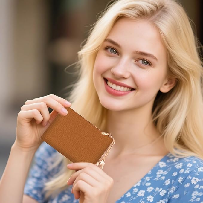Brown Keychain Coin Purse for Women, Small PU Leather Change Pouch, Zipper Little Tiny Travel Wallet for Girls, Cute Kawaii Zip Pocket Coin Holder with Key Ring