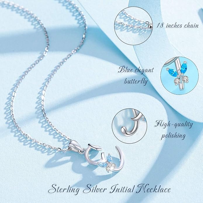 EUDORA Sterling Silver Butterfly Initial Necklaces for Women, Elegant Letter Neckles Personalized Gift for Mother, Sister, Daughter, 18 inch Chai