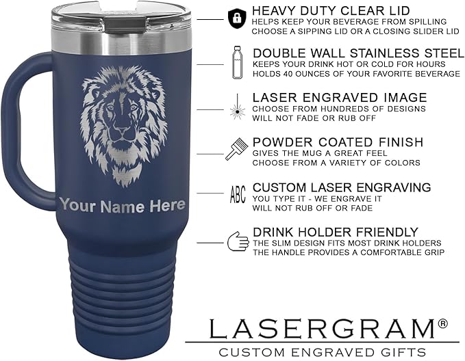 LaserGram 40oz Vacuum Insulated Travel Mug with Handle, Cup of Coffee, Personalized Engraving Included (Navy Blue)