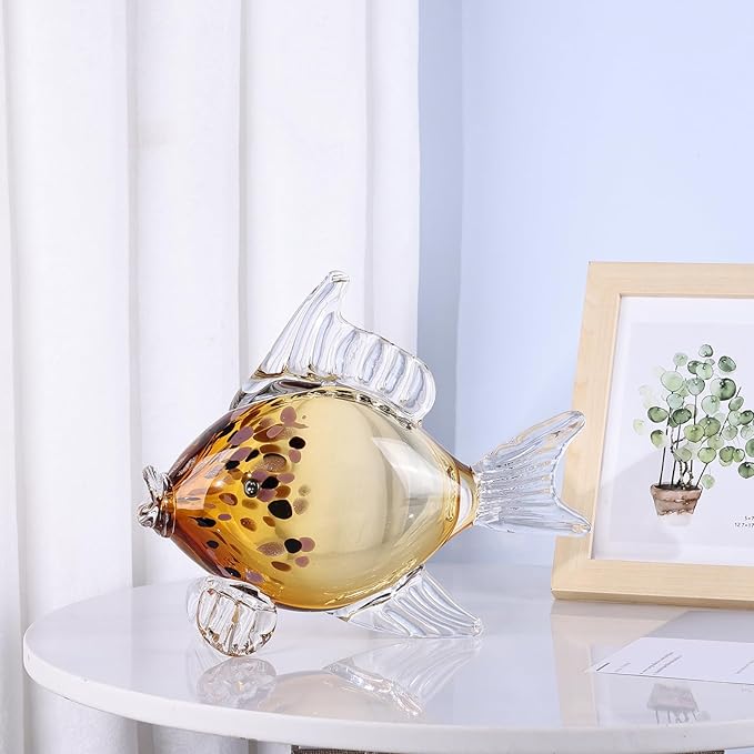 Large Glass Fish Figurine for Home Decor, Hand Blown Art Glass Ocean Animal Statue, Decorative Coastal and Beach Themed Sculpture for Table, Shelf, Bathroom, Living Room or Office