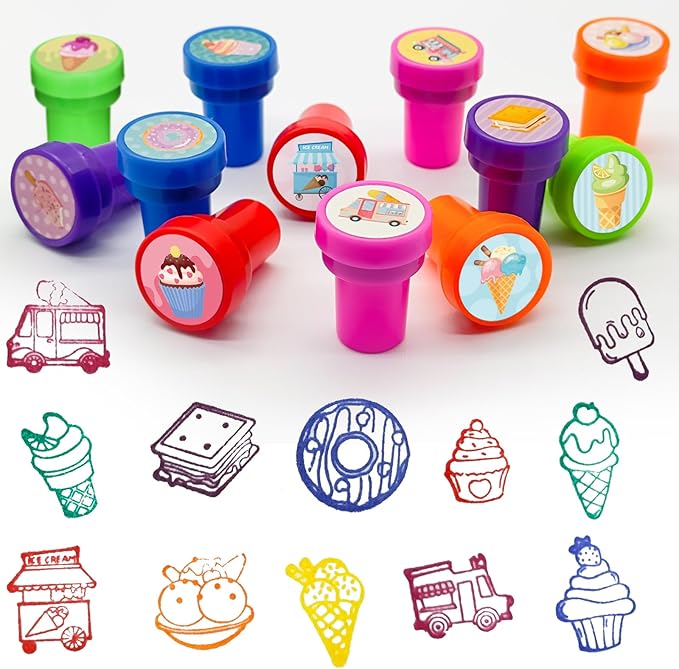 Cinrobiye 24 Pcs Ice Cream Stampers, Candy Donut Party Favors Sweet Themed Birthday Supplies Pre-Inked Classroom Prizes Treat Bag Fillers for Girls Boys Fiesta Pinata Gifts