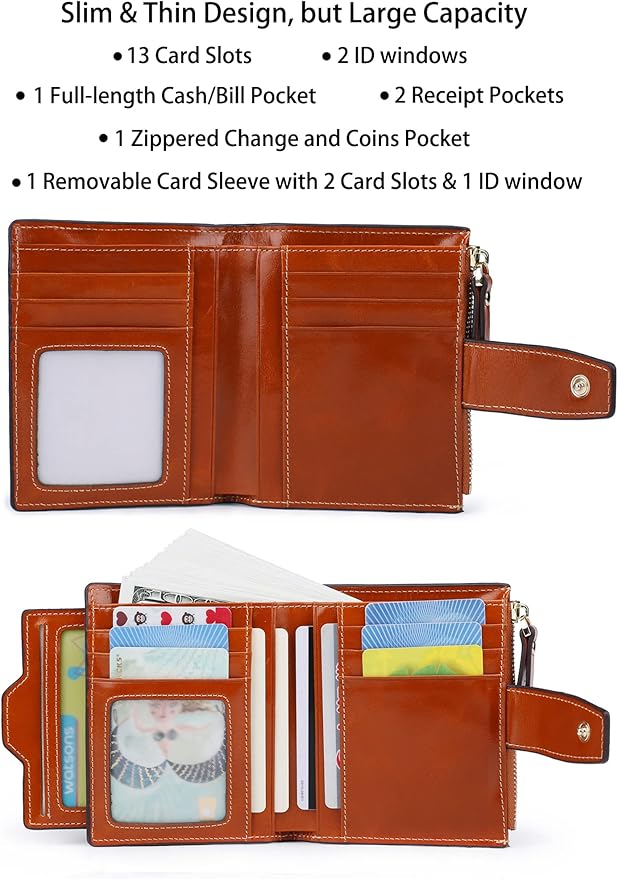 AINIMOER Women's RFID Blocking Leather Small Compact Bi-fold Zipper Pocket Wallet Card Case Purse with id Window