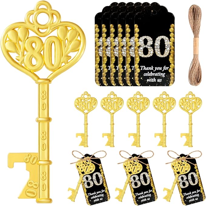 50Pcs 80th Gold Key Bottle Opener 80th Birthday Party Favors,80th Anniversary Souvenirs Return Gifts,Beer Keychain Bottle Openers With Thank You Cards For Party Birthday Wedding Shower Supplies