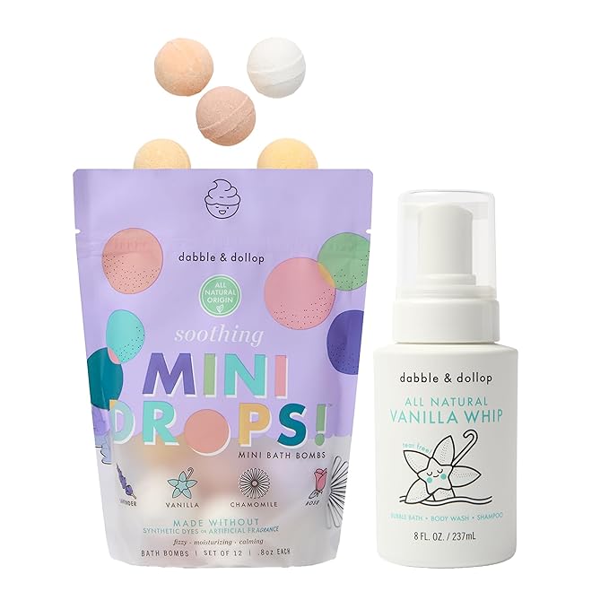 Dabble & Dollop Soothing Mini Bath Bombs & Vanilla Shampoo, Body Wash and Bubble Bath for Kids - All Natural, Resealable Pouch, Foaming Whip, Vegan, Gluten-Free, Cruelty-Free (Pack of 2)