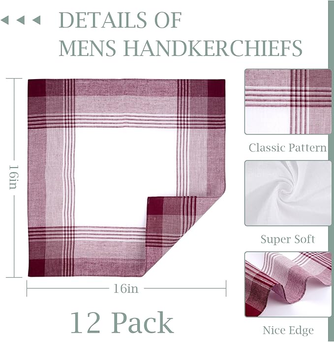 12 Pcs Handkerchiefs for Men, 100% Soft Cotton Hankies with Check, Classic Reusable Men's Handkerchiefs, 16x16 Inch Pocket Hanky
