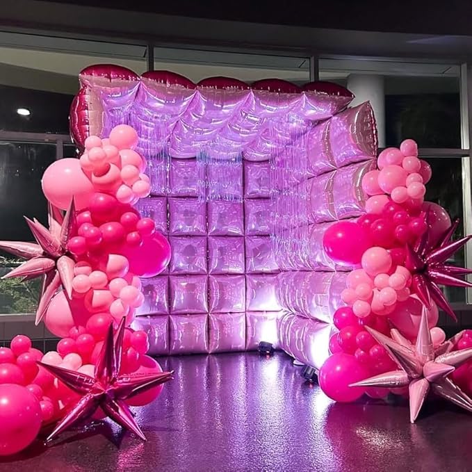 Hot Pink Square Foil Balloon Wall, 25 PCS Double Sided Balloons Flat Hot Magenta Pink Square Balloon Backdrop for Girls Women Bachelorette Anniversary Birthday Party Decoration