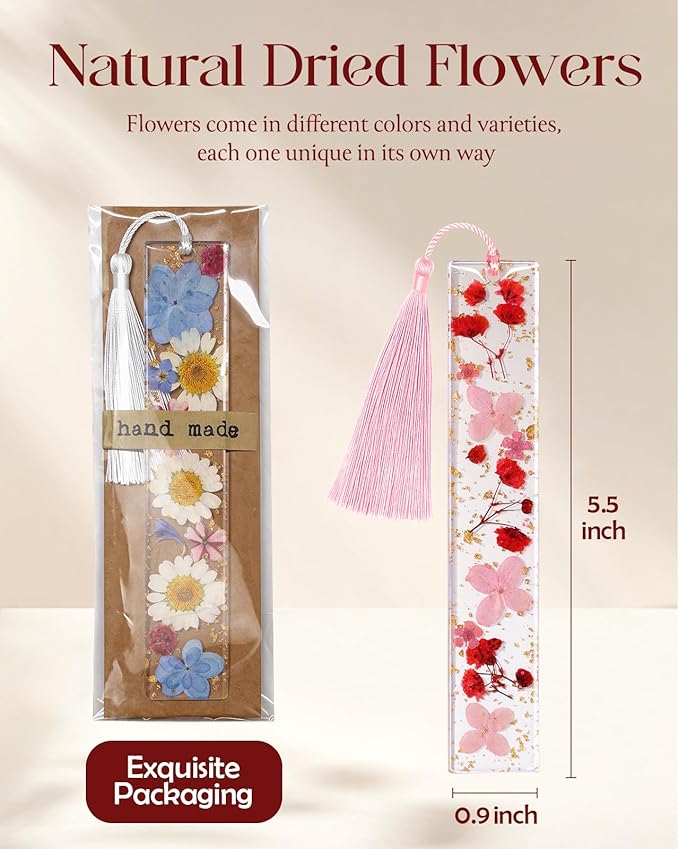 Buleens 2PCS Bookmarks for Women - Purple Book Marks for Readers Book Lovers, Personalized Handmade Dried Flower Resin Bookmark with Tassels, Pretty and Aesthetic