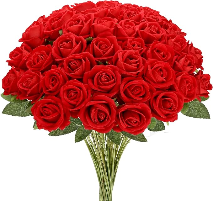 Roses Artificial Flowers, Fake Velvet Silk Roses in Bulk for Home Decor Indoor, Fake Roses Realistic Flowers with Stems for Wedding Centerpiece Party Decor (24, Red)