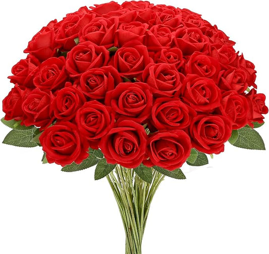 Roses Artificial Flowers, Fake Velvet Silk Roses in Bulk for Home Decor Indoor, Fake Roses Realistic Flowers with Stems for Wedding Centerpiece Party Decor (24, Red)