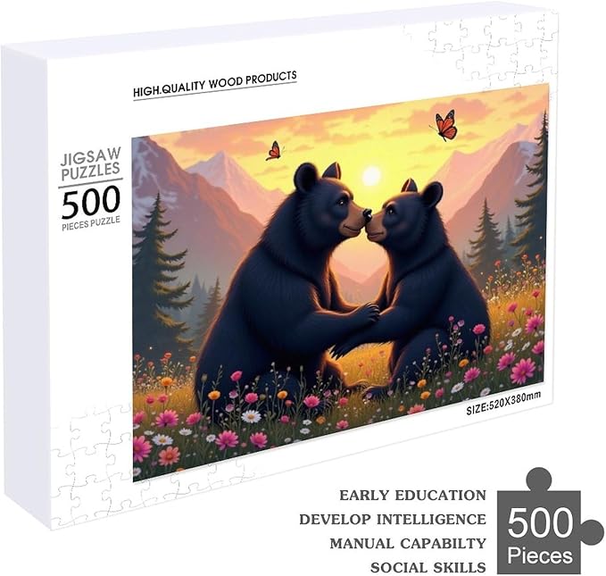 Wooden Puzzle - Two Playful Black Bears Wooden Puzzles for Adults 500 Pieces Challenge Puzzles，Educational Games，Family Puzzles，Unique Gifts for Wall Art ，Funny Puzzles