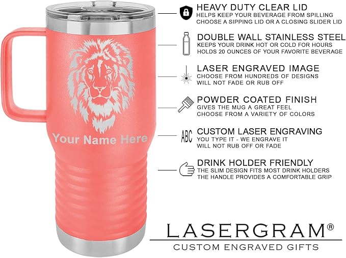 LaserGram 20oz Vacuum Insulated Travel Mug with Handle, Starfish, Personalized Engraving Included (Coral)