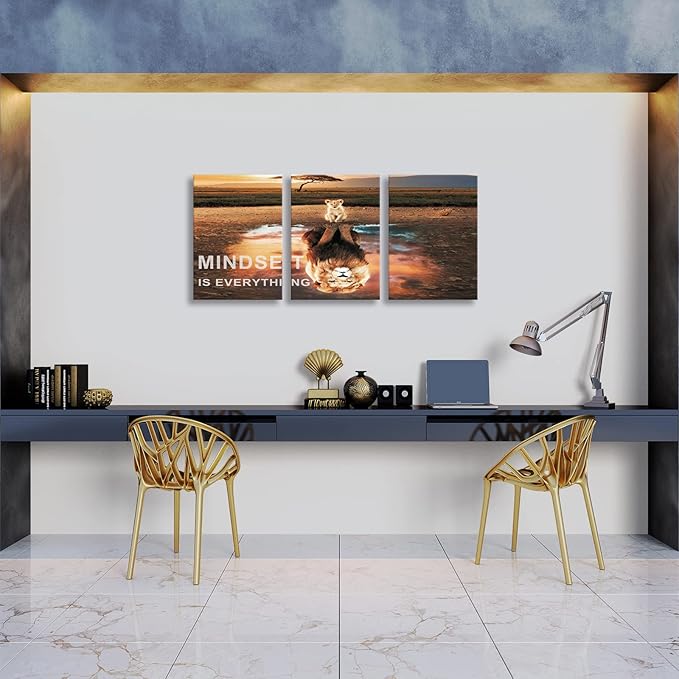 Mindset Is Everything Wall Art Lion Motivational Canvas Wall Art Posters Prints 3 Pieces Inspirational Quote Painting for Office Bedroom Decor