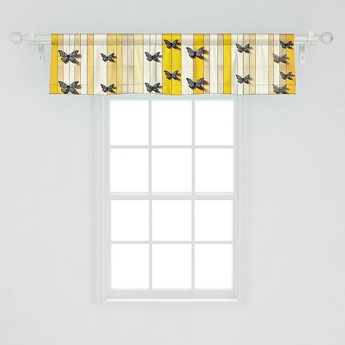 Ambesonne Butterfly Window Valance, Summer Lines Wingy Animals with Faded Effect Print Country Vibe, Curtain Valance for Kitchen Bedroom Decor with Rod Pocket, 54" X 12", Yellow Reseda Green Beige