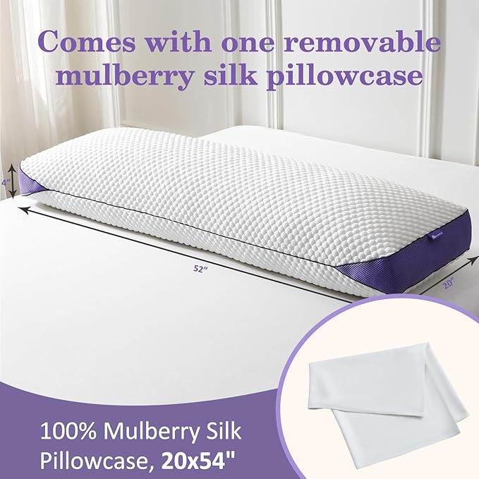 HOMELAB Adjustable Shredded Memory Foam Body Pillow Bundle with Mulberry Silk Pillowcase, Cooling Long Pillow Full Support for Side Sleepers, Back, Hip & Leg Comfort, 1 Pack 20"x52"