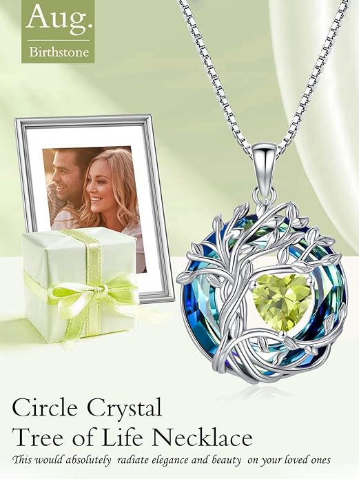 TOUPOP Tree of Life Birthstone Necklace 925 Sterling Silver Pendant Austrian Crystal Jewelry Anniversary Valentine's Day Birthday Gifts for Women Mom Her Wife