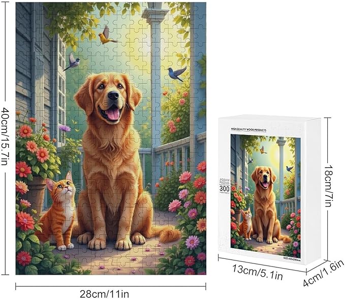 Wooden Puzzle - Garden Golden Retriever Jigsaw Puzzles，Wooden Puzzles for Adults 300 Pieces Challenge Puzzles，Educational Games，Family Puzzles，Unique Gifts for Wall Art