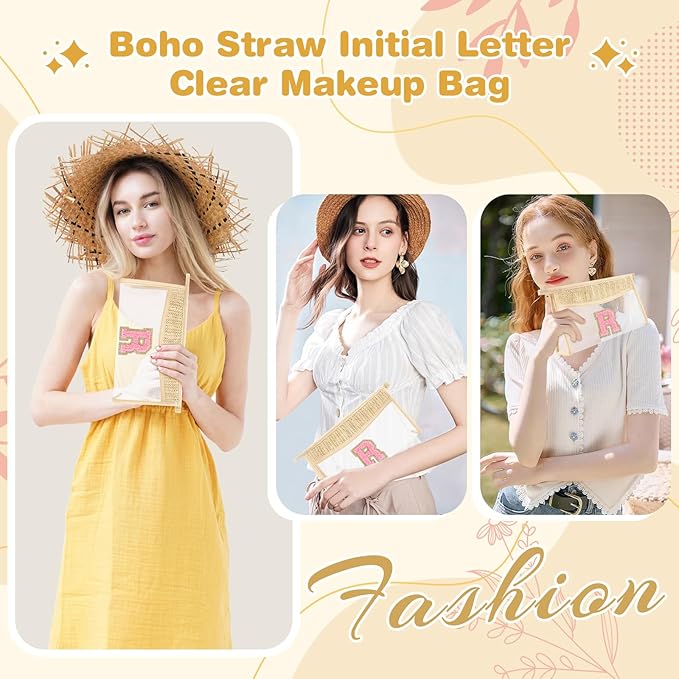 Small Boho Straw Initial Letter Makeup Bag Personalized Gift ,Cute Clear Chenille Patch Makeup Bag With Zipper,Trendy TSA Approved Travel Toiletry Bag,Gift for Women Girls Birthday Friend, Letter R
