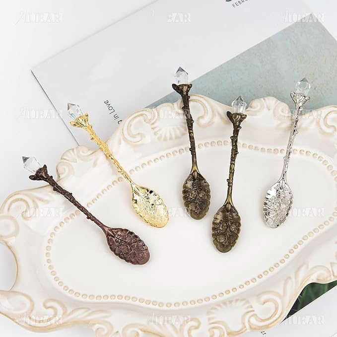 AUEAR, 16 Pack Vintage Coffee Crystal Spoons Decorative Tea Carved Spoon for Kitchen Accessory 4 Colors