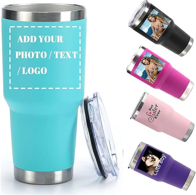 Personalized Photo 20oz 30oz Stainless Steel Tumbler,Custom Coffee Tumbler Cup With Lid And Strawstraw Vacuum Insulated With Text Photo Logo (Sky Blue(20oz/30oz))