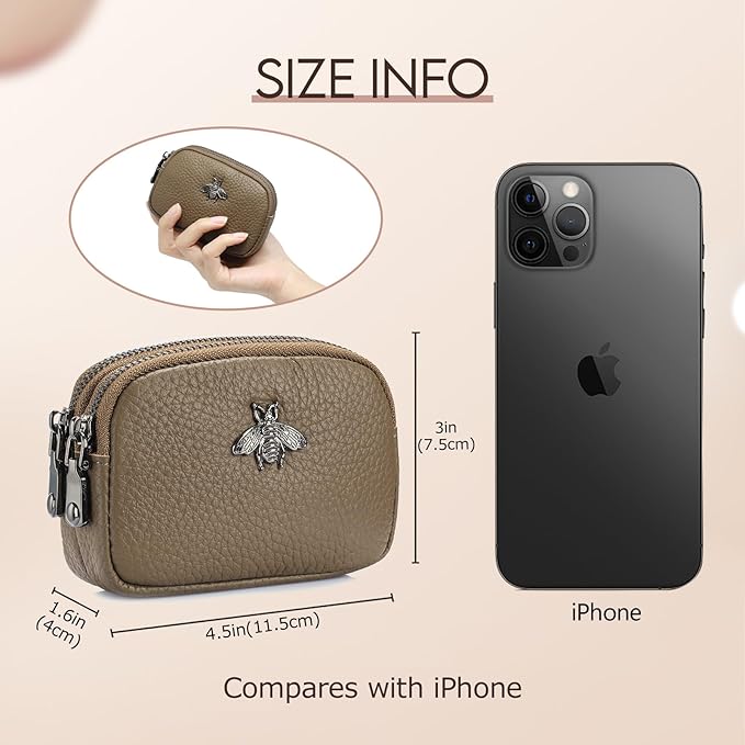 imeetu Women Leather Coin Purse, Small 2 Zippered Change Pouch Wallet