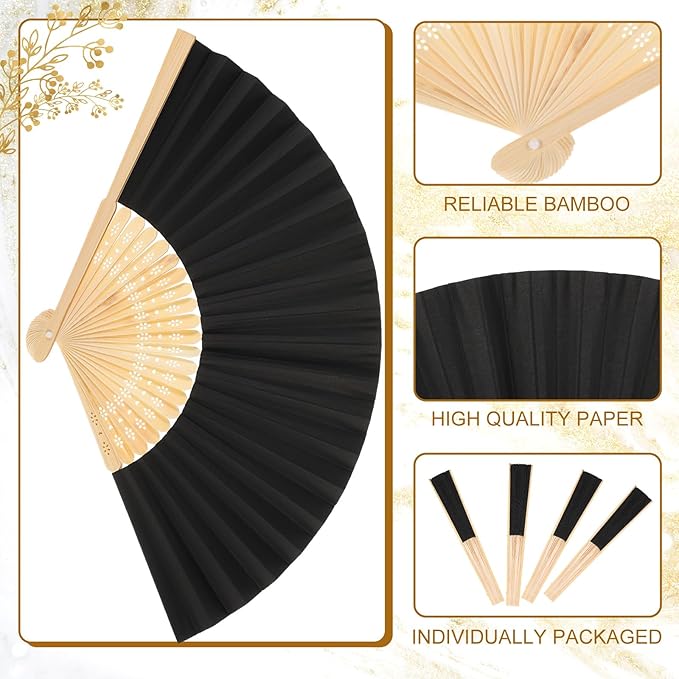Yinkin 100 Pack Folding Fans Bamboo Handheld Folded Craft Hand Japanese Chinese Fans for Weddings Bridal Dancing Church DIY Decoration Women Kids Gift Party Favors (Black)