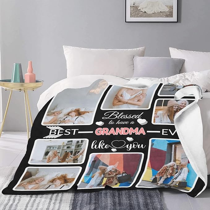 Custom Blanket Gifts for Grandma, Customized Blankets with Photos, Make a Personalized Bed Throws to My Grandma, Custom Souvenir Throw Blanket for Best Grandma Ever, 8 Collages Made in USA