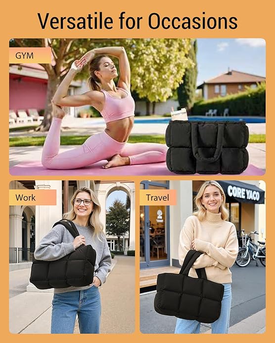 Herald Puffer Tote Bag for Women, Large Quilted Puffy Handbag Lightweight Satchel Purse with Cup Holder & Compartment