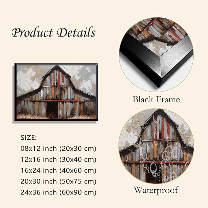 Vintage shabby barn print rural farm natural scenery decorative painting suitable for home decoration bathroom bedroom living room decoration16x24in(40x60cm)- Black Framed