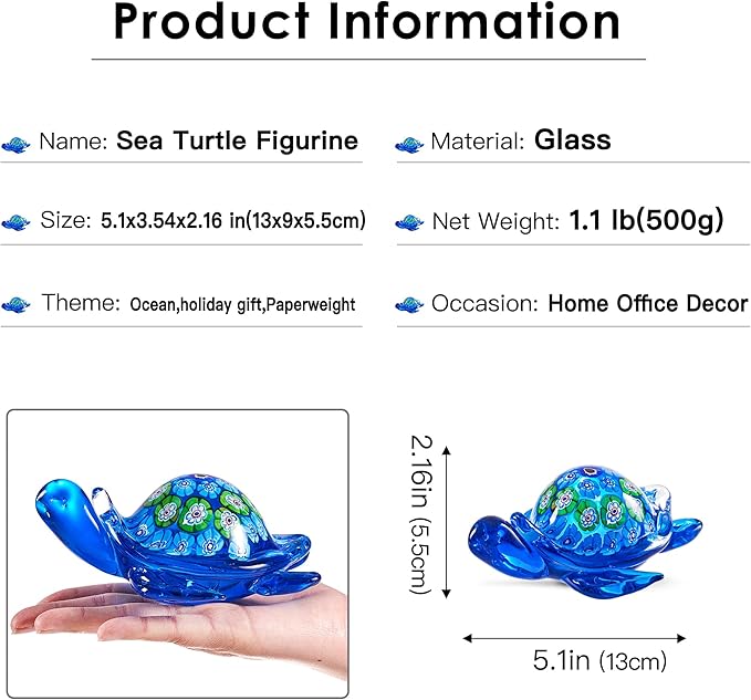 EUSTUMA Hand Blown Glass Sea Turtle Figurine,Sea Animal Ornament for Home Decor,Sea Animals Collection for Birthday Gift,Glass Tortoise Sculpture
