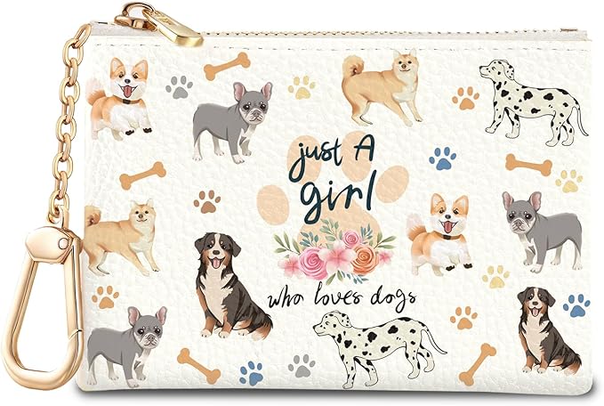 Cute Dogs Keychain Coin Purse for Women, Small PU Leather Change Pouch, Zipper Little Tiny Travel Wallet for Girls Puppy Lovers, Cute Kawaii Zip Pocket Coin Holder with Key Ring