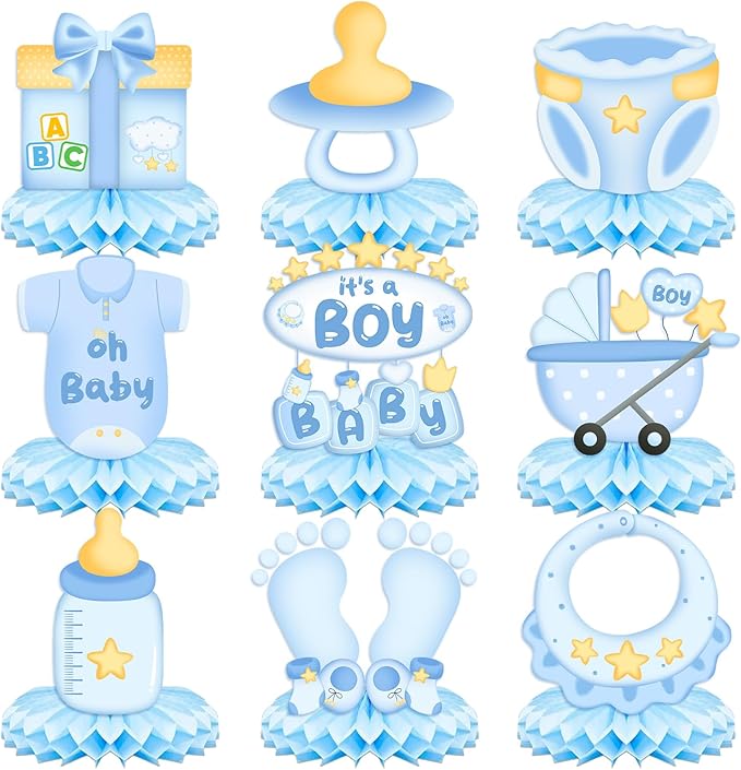 9Pcs Baby Shower Decorations Honeycomb Centerpieces for Boy, Cute Pattern It's a Boy Gender Reveal Table Centerpiece, Gender Reveal Party Supplies (Blue)