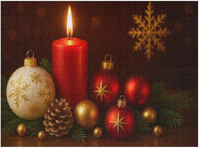 The Burning Christmas Candles 500-Piece Wooden Jigsaw Puzzle, Relaxing Winter Puzzle, Idea, Mindful Leisure Activity, Holiday Indoor Fun, Cozy Puzzle for Adults and Kids