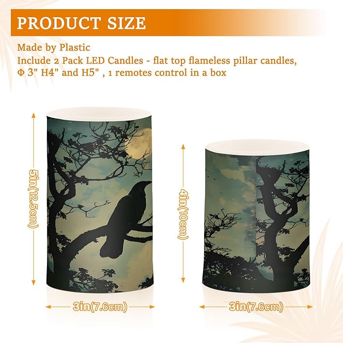 ALAZA Halloween Crow Night Flickering Flameless Candles Battery Operated with Remote Timer,Tea Light Candles LED Pillar Votive Candles Set of 2 for Outdoor Indoor Decorations