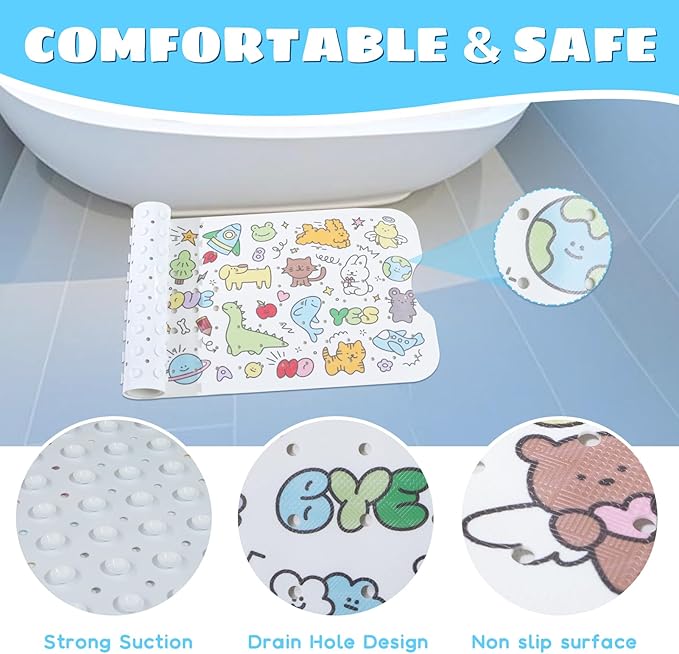 Baby Bath Mat for Tub Non Slip Kids Bathtub Mat Extra Long 40X16 Inch Toddler Bath Tub Shower Mat Anti Slip with Suction Cups & Drain Holes, Machine Washable (Cartoon)