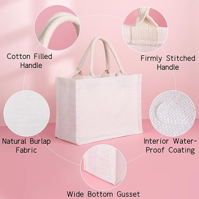 Segarty Jute Tote Bag, 6 Pack Small White Reusable Burlap Canvas Gift Favors Bags with Handles Blank Tote Bulk for Bridesmaid Wedding, Bachelorette Party, Beach Trip, Women Market Grocery Shopping