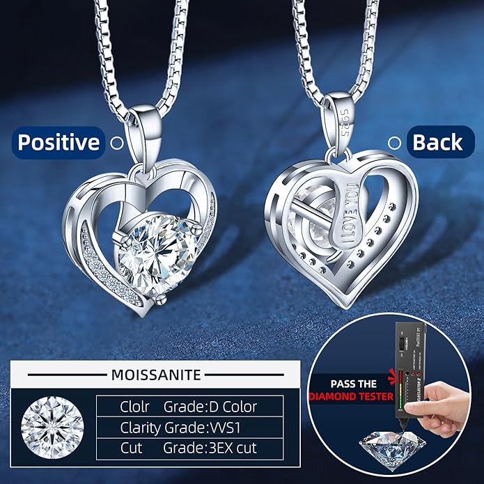 Moissanite Necklace for Women 1.0ct D Color, Sterling Silver Heart Necklace, Anniversary Gifts for Women, Making It A Perfect Gift for Your Wife, Girlfriend Mom