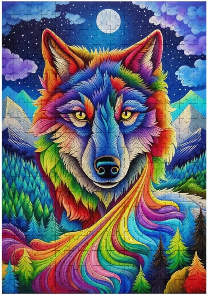 Wooden Puzzle - Colorful Wolf Jigsaw Puzzles，Wooden Puzzles for Adults 300 Pieces Challenge Puzzles，Educational Games，Family Puzzles，Unique Gifts for Wall Art,Funnny Puzzles