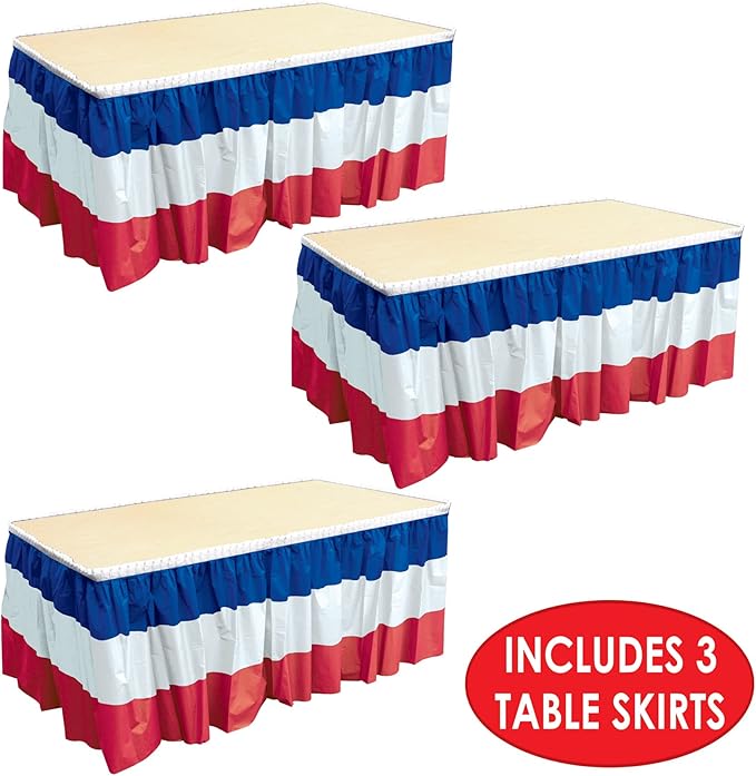 Beistle 3-Pack Plastic Patriotic Table Skirts, Red, White, & Blue, Fourth of July & Memorial Day Party Supplies, France Themed Party Decor, 29" x 14'