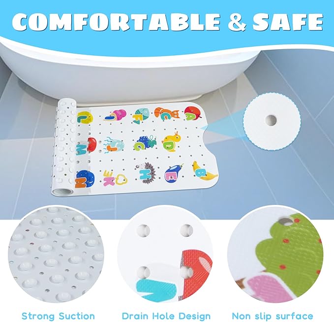 Baby Bath Mat for Tub Non Slip Kids Bathtub Mat Extra Long 40X16 Inch Toddler Bath Tub Shower Mat Anti Slip with Suction Cups & Drain Holes, Machine Washable (Alphabet)