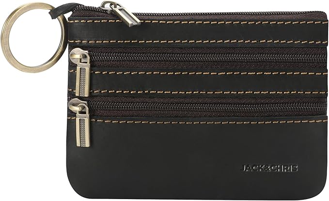 Jack&Chris Coin Purse Pouch for Men, Genuine Leather Coin Purse Zipper Pocket with Keychain Ring, Coin Bag for Men,JC301-Black
