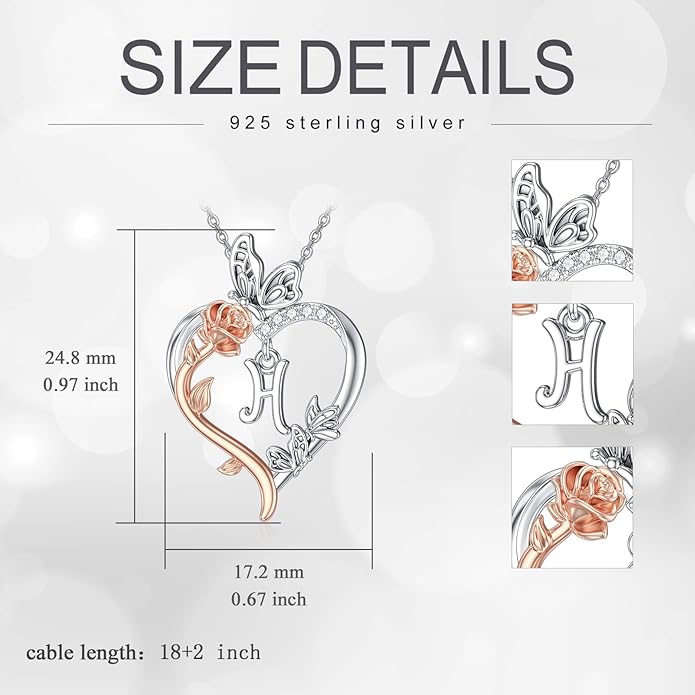 TOUPOP Rose Heart Necklaces Gifts for Women 925 Sterling Silver Butterfly Heart Initial Necklace Anniversary Valentines Day Birthday Jewelry Gifts for Mom Her Wife Girlfriend Daughter