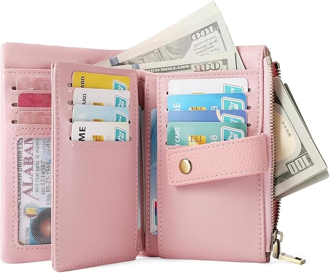 Practical Genuine Leather Wristlet Wallet for Women with Double Zipper Coin Purse and Card Organization (Pink)