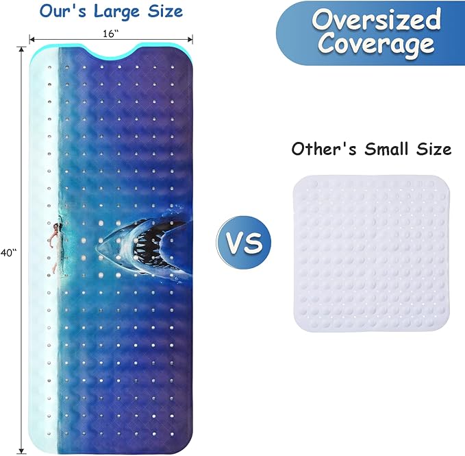 Bathtub Mat Non Slip, Shark Extra Long Bath tub Mat Shower Floor Mat with Suction Cups and Drain Holes for Adults Kids Elderly 40 X 16 Inch